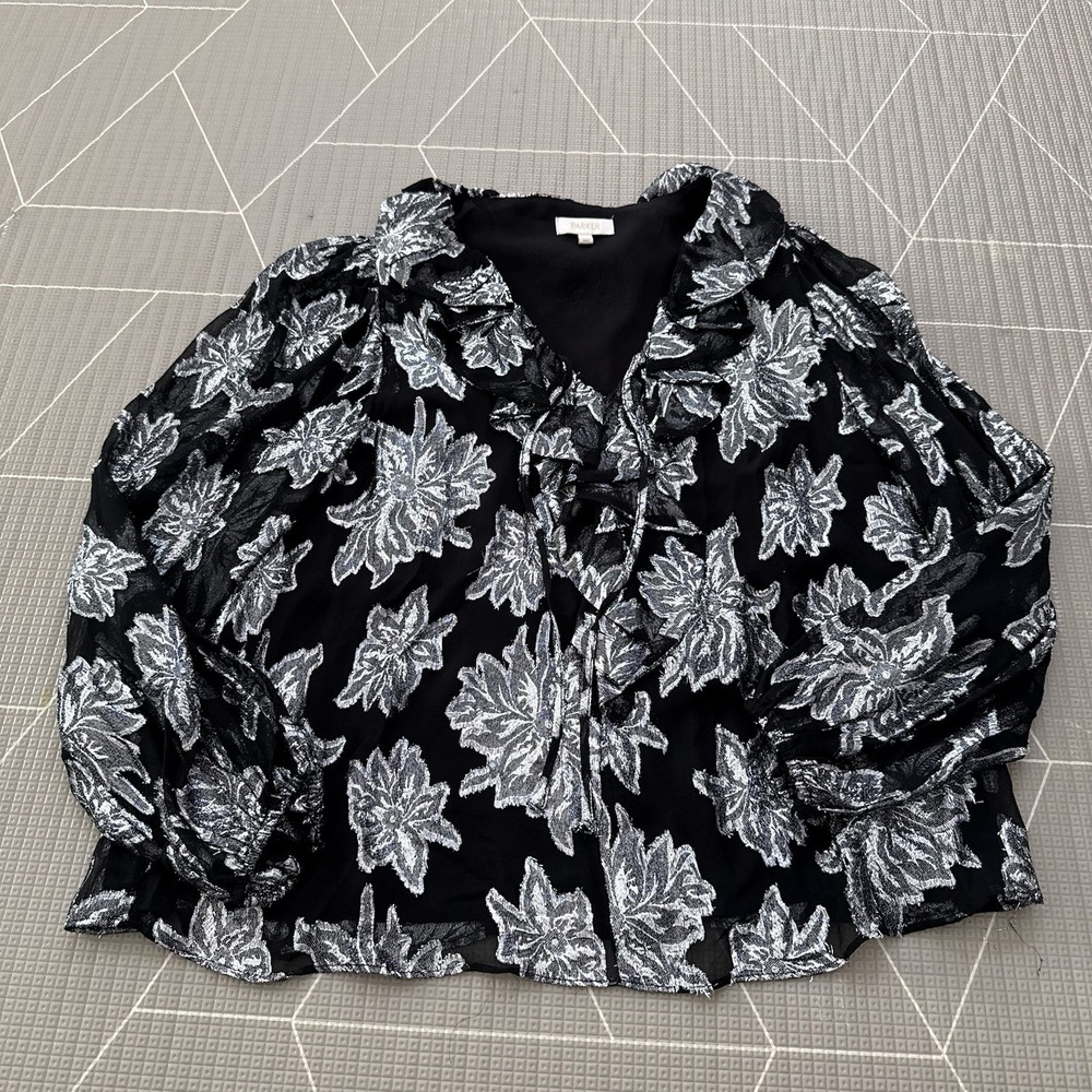 Parker Women's Metallic Star Blouse Sz M Black & Silver Flowy Blouson Celestial